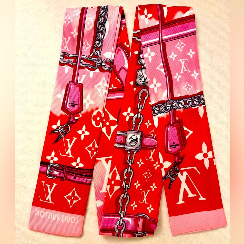 Red and Pink Iconic Monogram Print Twilly Bandeau Wrap Scarf - Picture 3 of 7